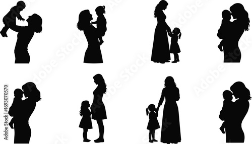 Mother and Child Silhouettes – Black Vector Icons of Parenting, Caregiving, Emotional Bonding, Family Love, Nurturing, and Childhood Interaction