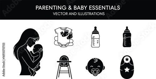 Parenting and Baby Essentials Silhouettes – Black Vector Icons of Care Items, Family Bonding, Infant Needs, Love, and Early Childhood