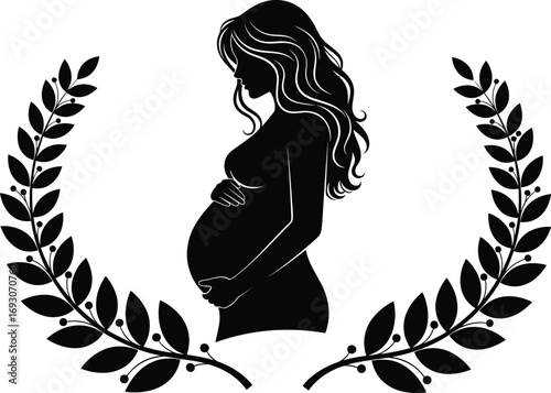 Pregnant woman silhouette with laurel branches vector symbolizing motherhood, nurturing, celebration of life, honor, femininity, and emotional connection.