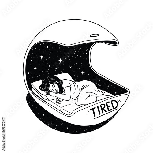 Tired girl sleeping in space black and white illustration cosmic dreams sleep art exhausted rest peaceful nighttime stars moon