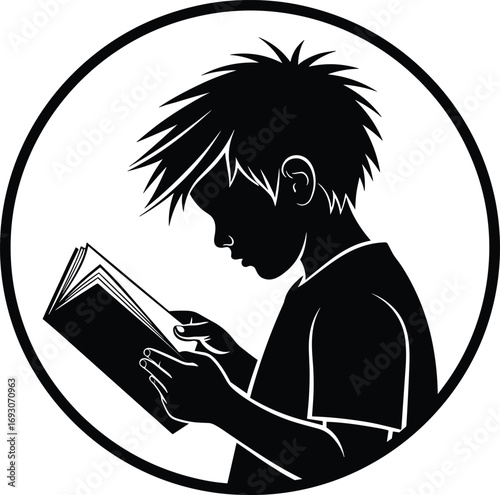 Silhouette of Child Reading Book Inside Circle – Black and White Vector for Education, Learning, Literacy, School, and Knowledge Themes