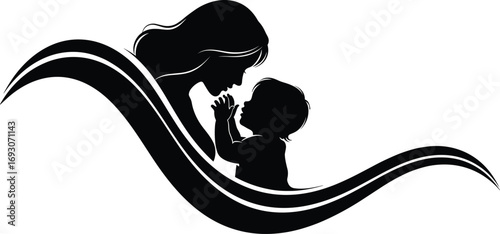 Silhouette of Woman and Child in Tender Moment – Black and White Vector for Motherhood, Emotion, Family Bond, Care, and Love Themes