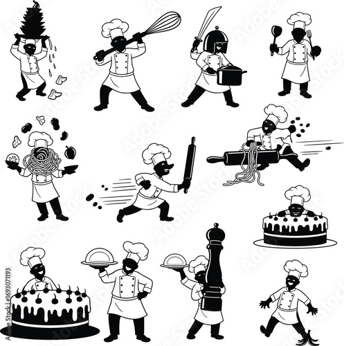 Chef cooking and baking illustrations, juggling ingredients, running with utensils, serving dishes, rolling dough, and preparing delicious food with fun.