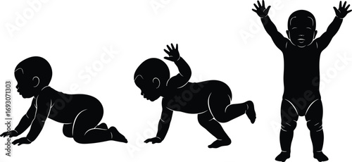 Silhouettes of Baby Crawling, Standing, and Walking – Black and White Vector for Growth, Development, Childhood, Milestones, and Motion Themes