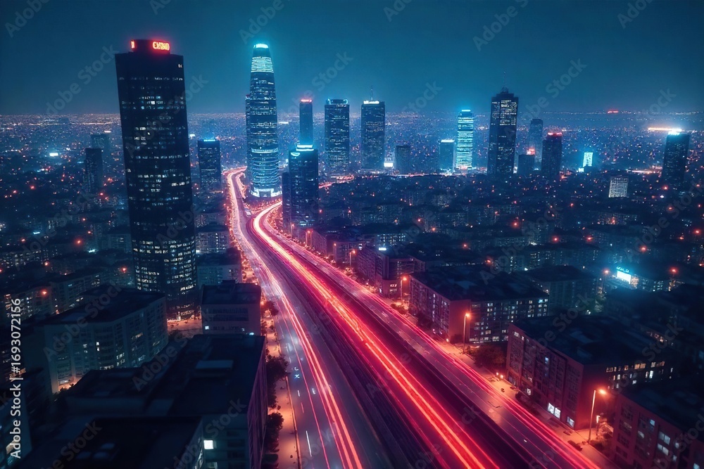 Fototapeta premium Futuristic cityscape at night, glowing network lines connecting buildings, illustrating seamless, advanced digital connectivity and urban infrastructure integration , wireless, glowing