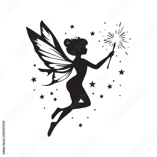 Fairy silhouette, Beautiful Fairy Silhouette, Cute fairy flying, Fairy magic silhouettes, isolated white background