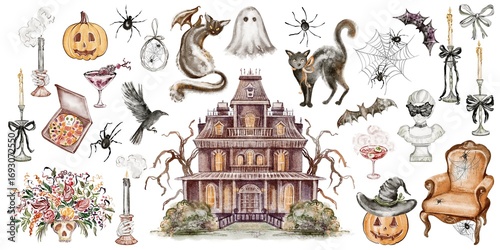 Halloween clipart watercolor collection with skull, crow, pumpkin, spider, witch hat, ghost, vampire, black cat, cobweb, spider web, candle, and various hand drawn elements for design projects.