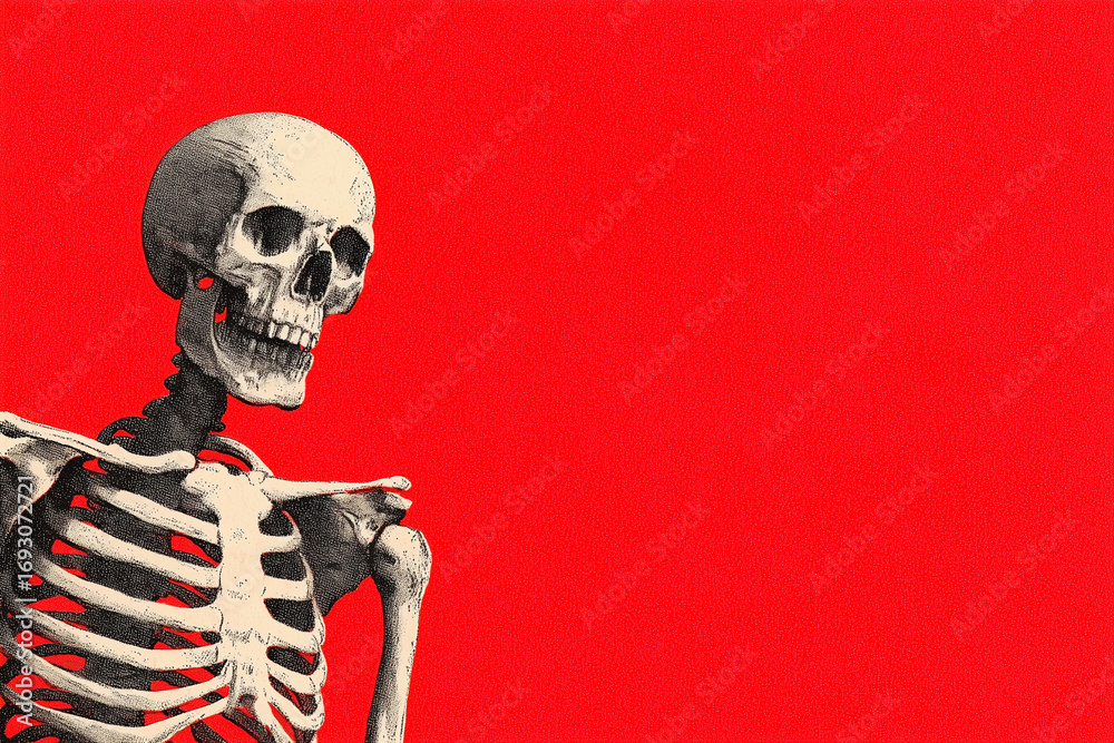 Fototapeta premium a 1950s advertising illustration of a skeleton on red background, room for text, halloween theme