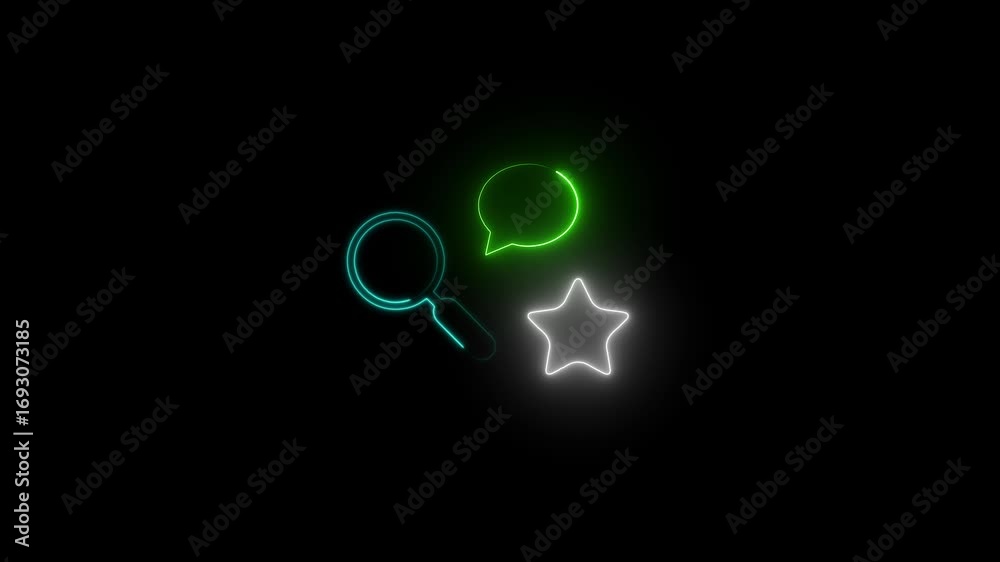 Neon Icons With Magnifying Glass, Star and Message Symbols Isolated Dark Background, Futuristic Digital Communication and Customer Evaluation Concept, 4k Video .