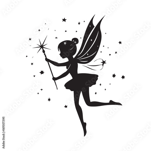 Fairy silhouette, Beautiful Fairy Silhouette, Cute fairy flying, Fairy magic silhouettes, isolated white background