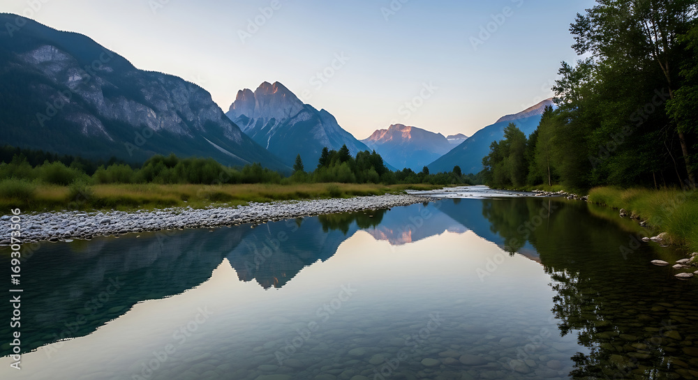 Fototapeta premium Majestic mountains reflecting in a calm river at dawn scenic beauty