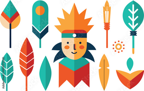 Indigenous peoples day collection of stylized feathers and warrior illustration vector