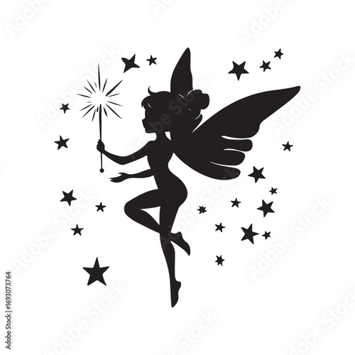 Fairy silhouette, Beautiful Fairy Silhouette, Cute fairy flying, Fairy magic silhouettes, isolated white background