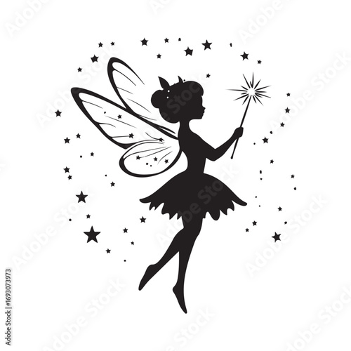 Fairy silhouette, Beautiful Fairy Silhouette, Cute fairy flying, Fairy magic silhouettes, isolated white background
