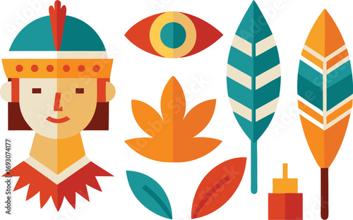 Indigenous peoples day icon collection featuring feathers and a warrior portrait