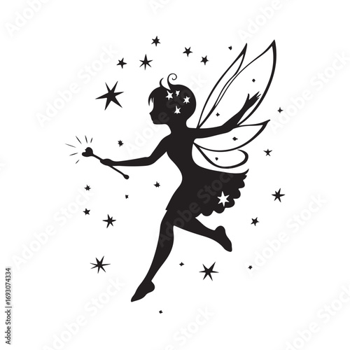 Fairy silhouette, Beautiful Fairy Silhouette, Cute fairy flying, Fairy magic silhouettes, isolated white background