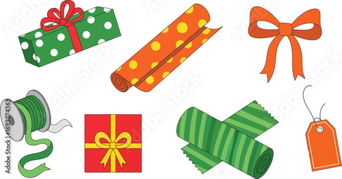 Gift outline items collection. Wrapped gifts, wrapping paper rolls, a ribbon spool, a bow, and gift tags editable vector illustration 