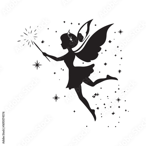 Fairy silhouette, Beautiful Fairy Silhouette, Cute fairy flying, Fairy magic silhouettes, isolated white background