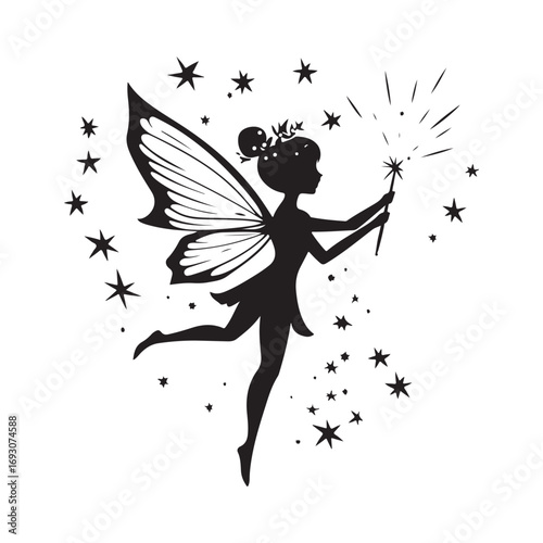 Fairy silhouette, Beautiful Fairy Silhouette, Cute fairy flying, Fairy magic silhouettes, isolated white background