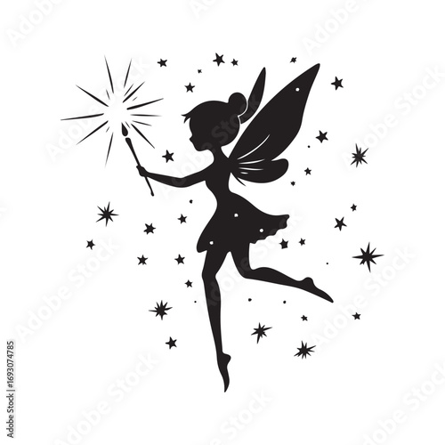 Fairy silhouette, Beautiful Fairy Silhouette, Cute fairy flying, Fairy magic silhouettes, isolated white background