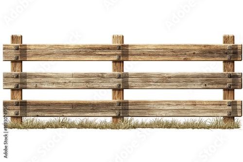 Old rustic three rail wooden fence isolated on white background.