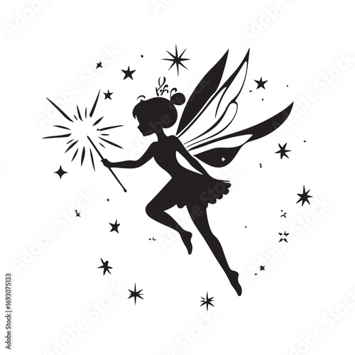 Fairy silhouette, Beautiful Fairy Silhouette, Cute fairy flying, Fairy magic silhouettes, isolated white background