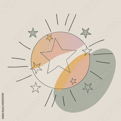 Star and sun illustration symbolizing creativity and inspiration on abstract background with copy space