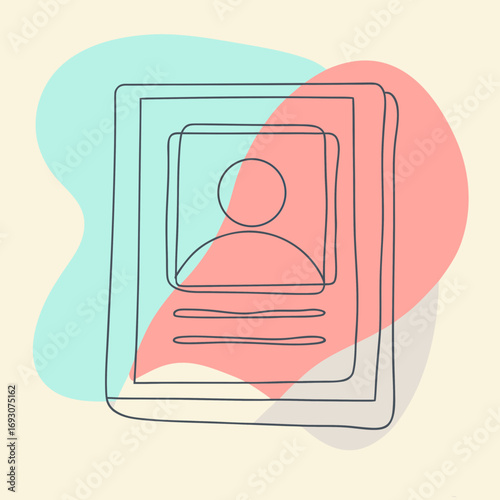 Line art document icon with profile picture on abstract colorful background and copy space