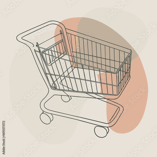Line art shopping cart illustration with abstract pastel shapes and copy space