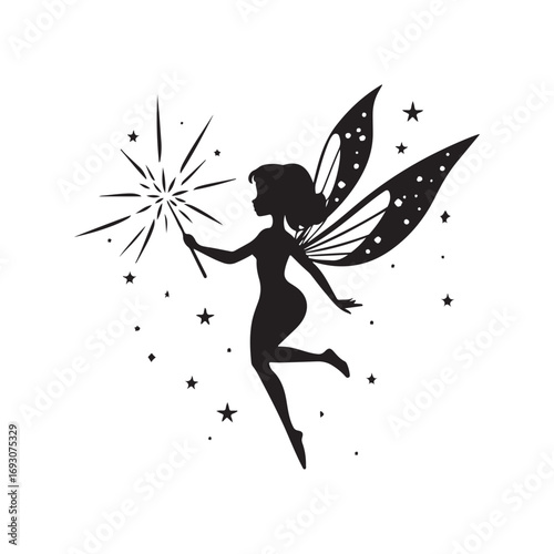Fairy silhouette, Beautiful Fairy Silhouette, Cute fairy flying, Fairy magic silhouettes, isolated white background