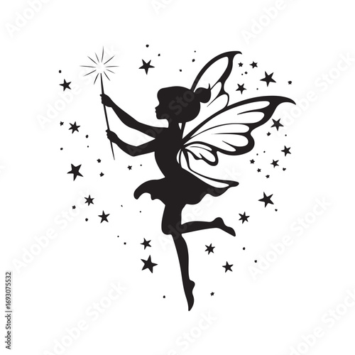 Fairy silhouette, Beautiful Fairy Silhouette, Cute fairy flying, Fairy magic silhouettes, isolated white background