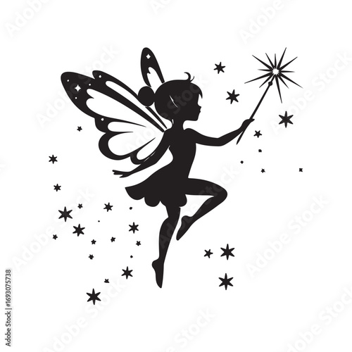 Fairy silhouette, Beautiful Fairy Silhouette, Cute fairy flying, Fairy magic silhouettes, isolated white background