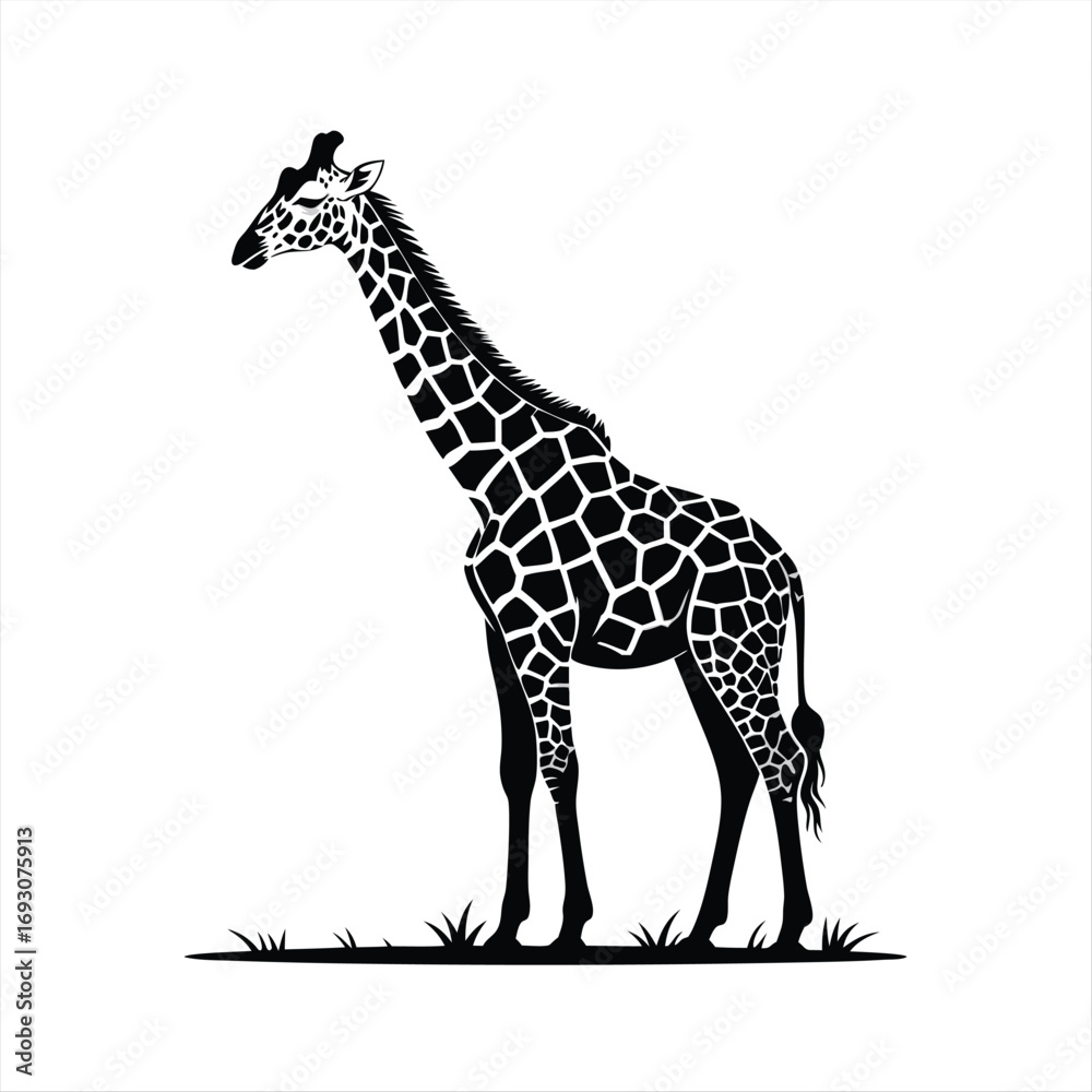 Naklejka premium Elegant Silhouette of an African Giraffe Standing Tall on Grassy Terrain Depicting a Stylized Vector Illustration for Nature and Wildlife Art Projects