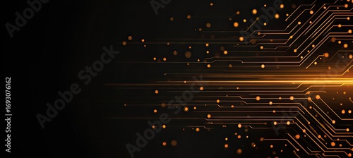 Abstract circuit board pattern with radiant orange lines and particles on a black background