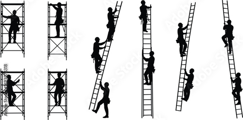 Silhouette construction workers climbing ladders and scaffolding, safety gear, industrial work, building site, height safety, equipment, worker poses, job site activity