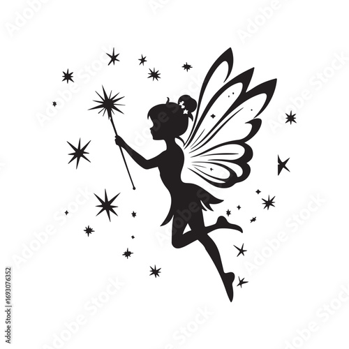 Fairy silhouette, Beautiful Fairy Silhouette, Cute fairy flying, Fairy magic silhouettes, isolated white background