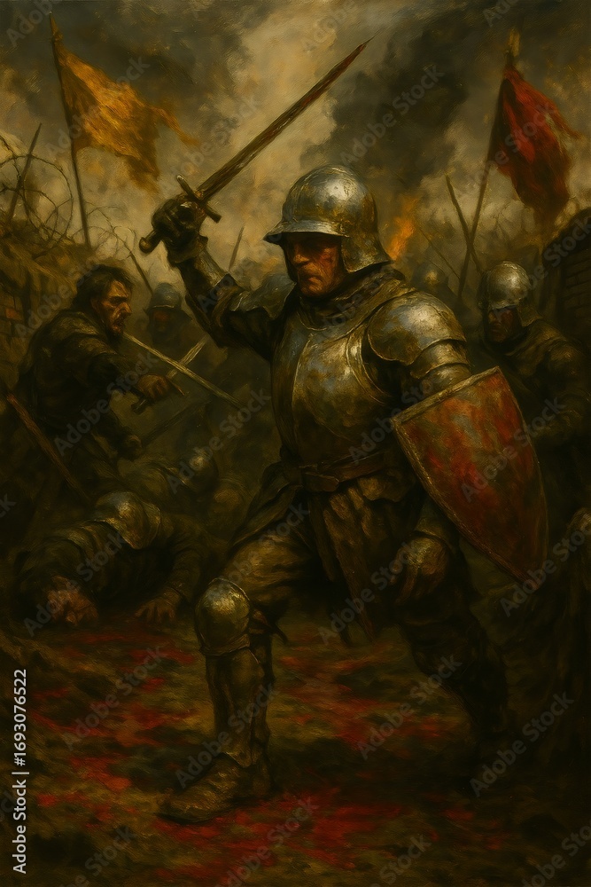 Naklejka premium A medieval knight in shining armor raises his sword in battle