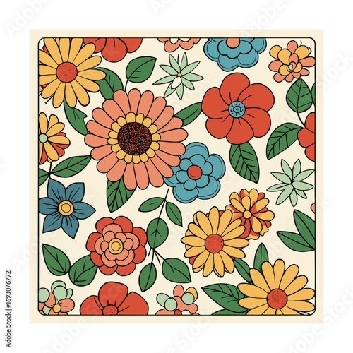Vibrant mixed floral seamless pattern on white background square design