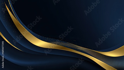 Abstract navy blue and gold background with smooth wavy lines