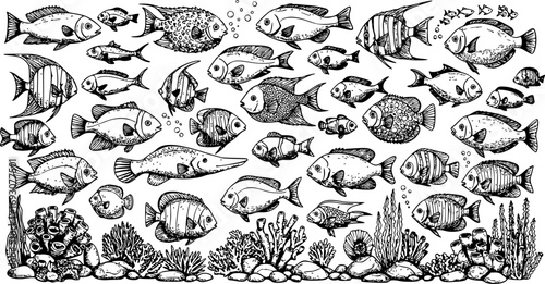 Set of Fish on White Background. Large Vector Collection of Underwater Marine Elements and Ocean Creation Kit