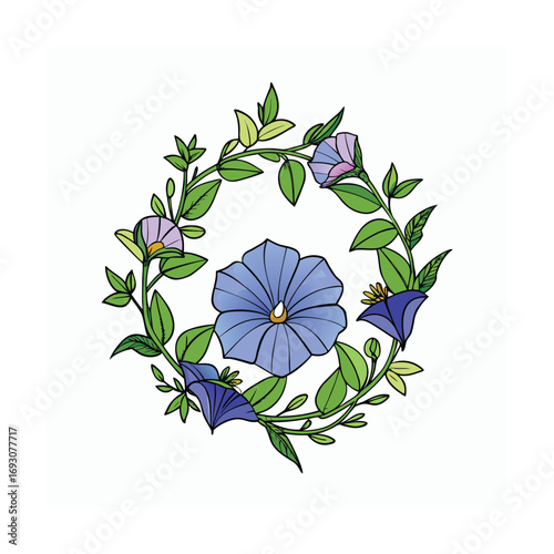 Beautiful morning glory flowers arranged in a delicate floral wreath design