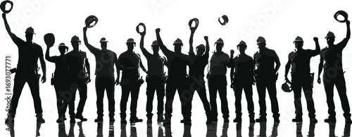 Silhouette construction workers group raising helmets, teamwork, safety gear, industrial workers, unity, celebration, building site, hard hats, cooperation, labor force