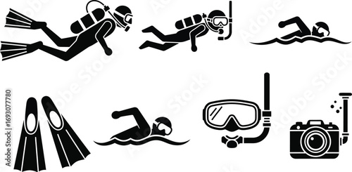 Open water diver icons. scuba diving and water activities editable vector illustration icons 