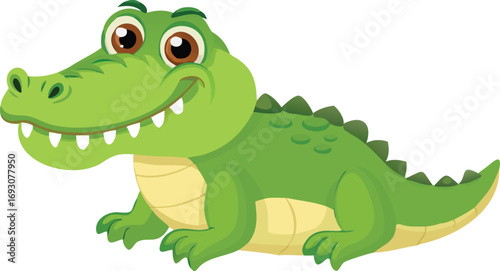 Happy and fun cartoon reptile and amphibian characters like a cute green baby alligator, dinosaur, crocodile, and gecko are drawn in a childlike vector illustration