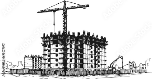 Construction Site with Tower Crane. Vector Illustration of Residential Building Development, Skyscraper Construction and Modern City Landscape