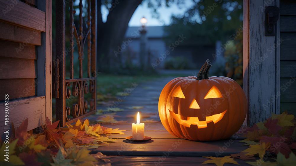 Fototapeta premium A glowing jackolantern and candle illuminate a rustic autumn scene