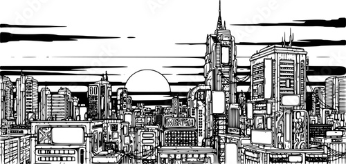 Big Asian City Cityscape with Beautiful Sunset. Cyberpunk and Retrowave Style Vector Illustration of Futuristic Urban Landscape