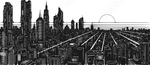 Big Asian City Cityscape with Beautiful Sunset. Cyberpunk and Retrowave Style Vector Illustration of Futuristic Urban Landscape