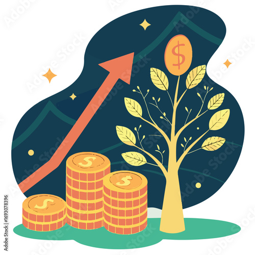 "Money Tree Growing with Coins and Upward Arrow – Financial Growth and Investment Concept"