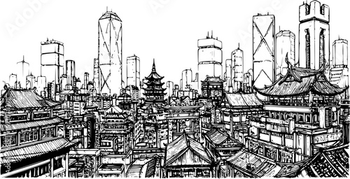 Big Asian City Cityscape with Beautiful Sunset. Cyberpunk and Retrowave Style Vector Illustration of Futuristic Urban Landscape